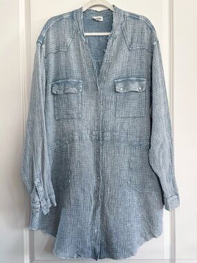 Peach Love California Oversized Gauze Shirt Dress Blue Button Down L XL
